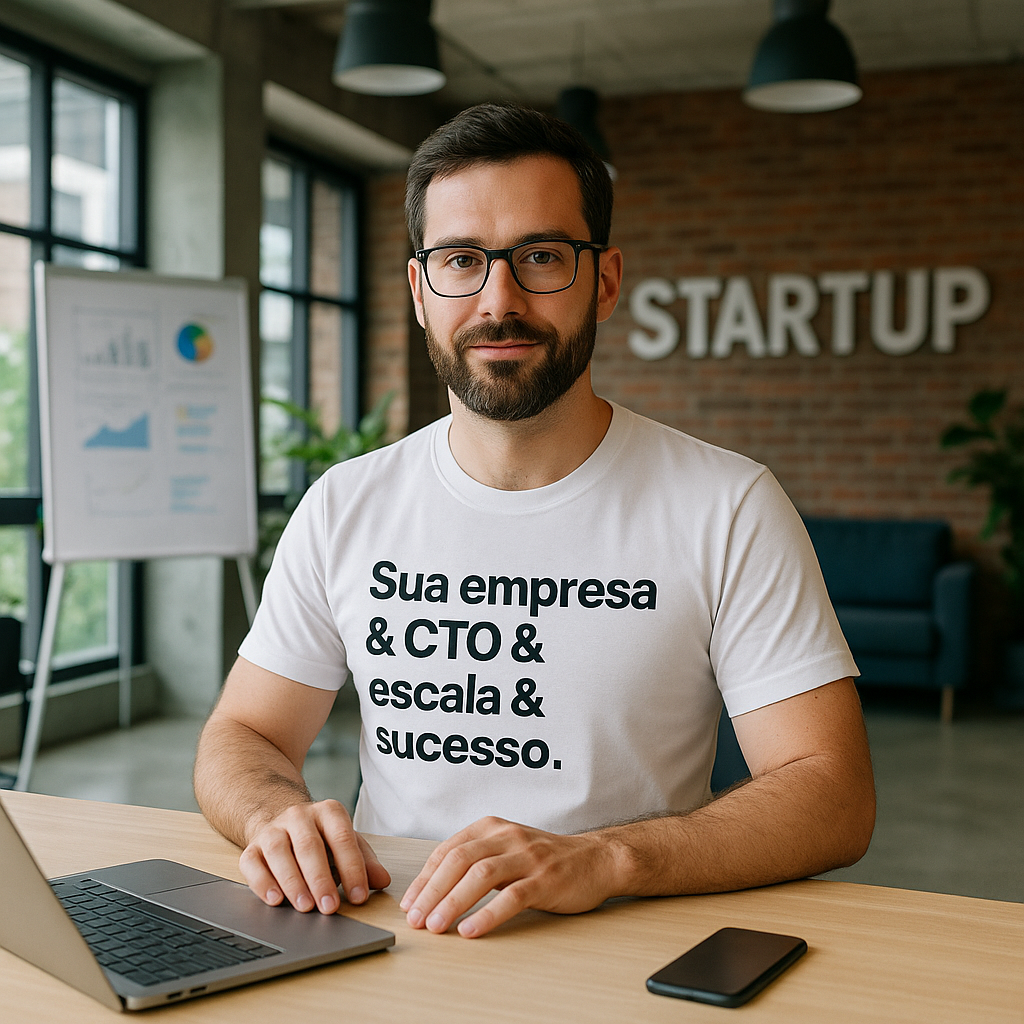 Homem com camiseta 'Sua empresa & CTO & escala & sucesso.' em um escritório de startup